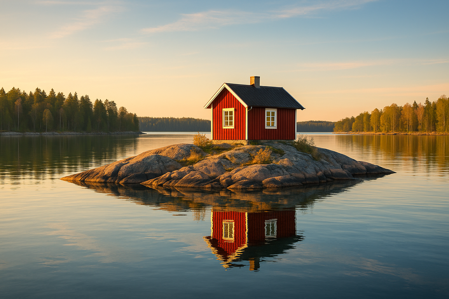 Swedish lake with a red wooden cabin beside clear water